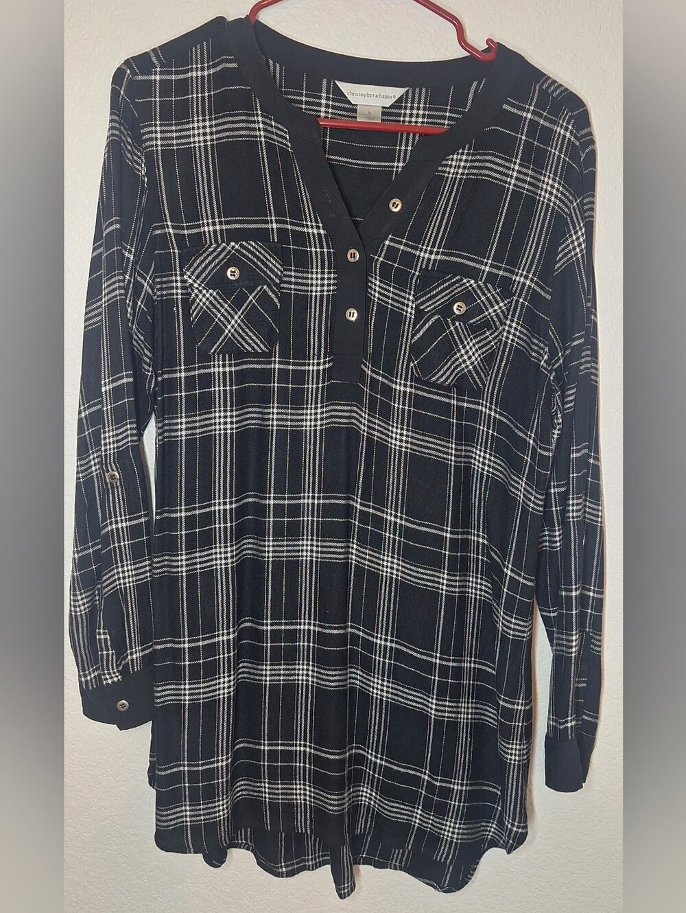 Christopher & Banks Plaid Pullover Blouse Split V Neck Long Sleeve Sz M